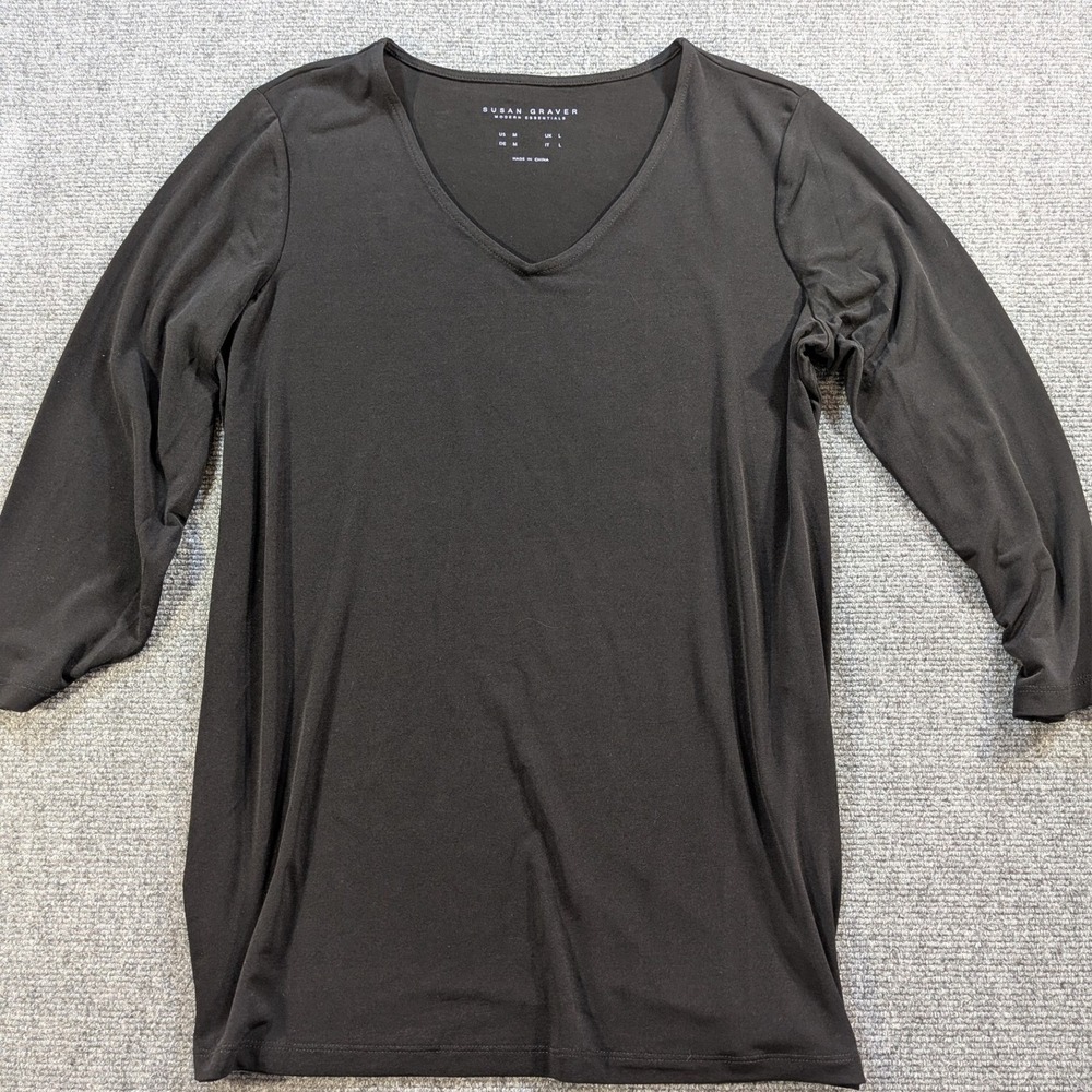 Susan Graver Liquid Knit V-Neck Top Women Medium Black 3/4 Sleeve Side Slit